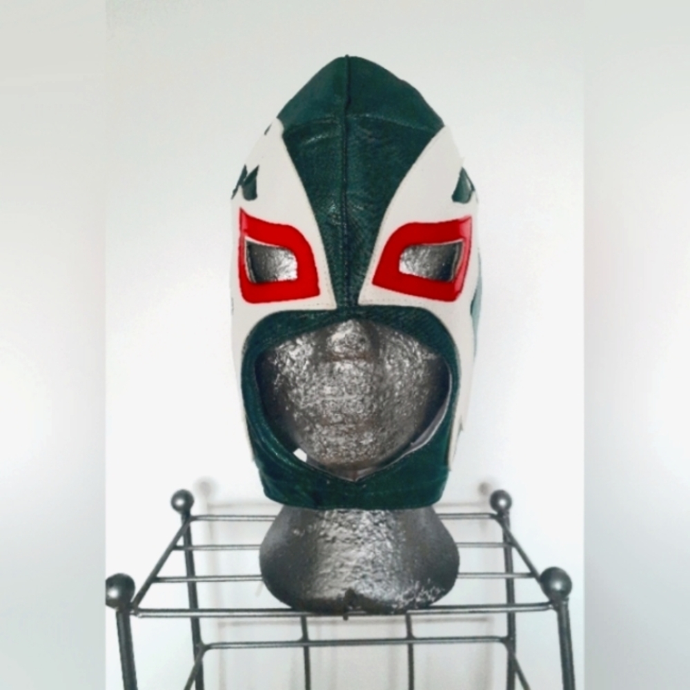 Lucha Libre luchador mask in vibrant green, white, and red